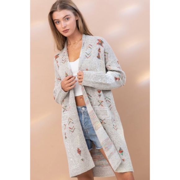 SOLD OUT Gray Colorful Aztec Tribal Western Marled Open Knit Cardigan Long - Picture 5 of 9